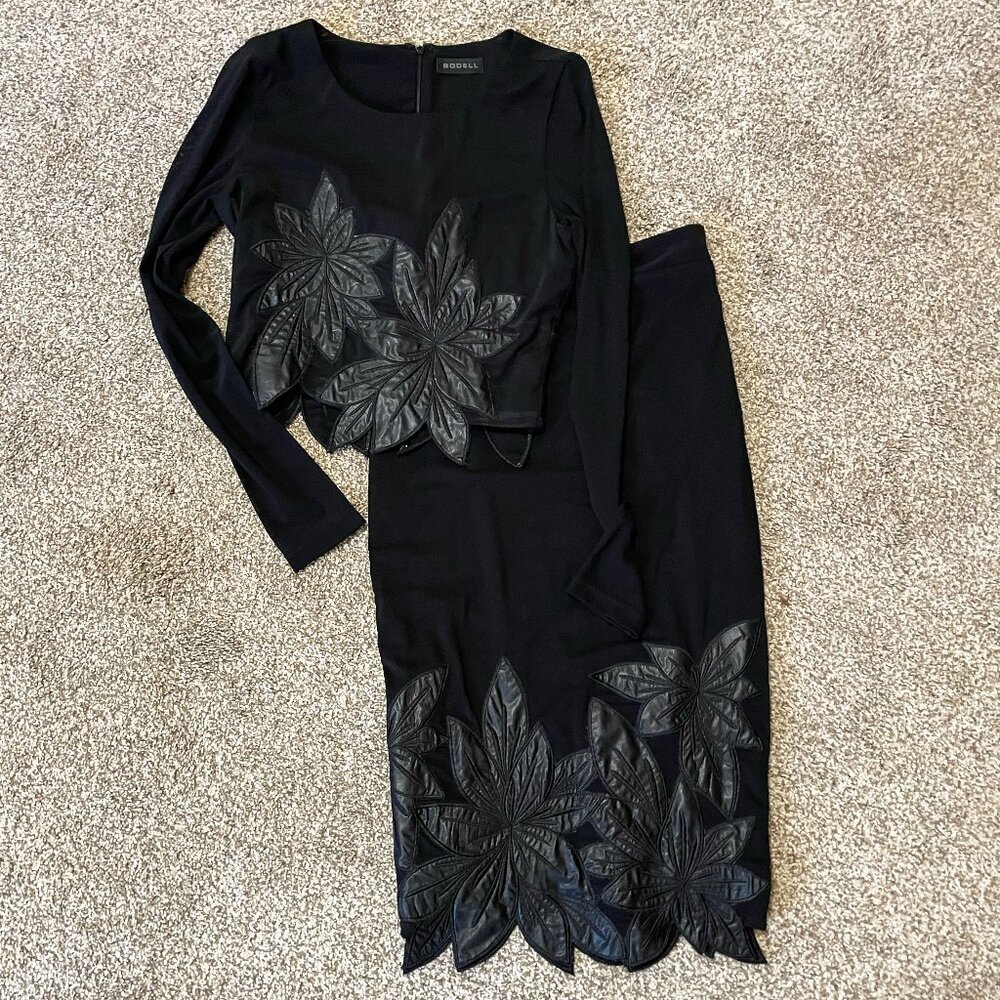 Sheri Bodell Black Long Sleeve Two-Piece Dress Set with Floral Appliqué